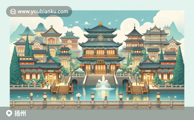 揚州瘦西湖白塔、石橋與東關(guān)街熱鬧景象，融入揚州炒飯、獅子頭郵票，展現(xiàn)地域特色與郵政元素