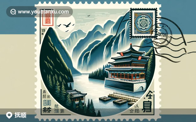 郵票風(fēng)格的航空信封，內(nèi)含雷鋒紀(jì)念館、沈陽盛京古跡和撫順美食，展現(xiàn)撫順文化與風(fēng)情