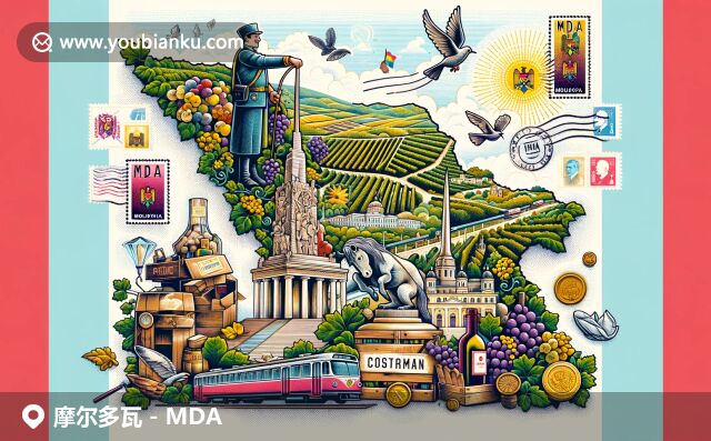 摩爾多瓦地理輪廓與文化元素的完美融合，展現(xiàn)勝利紀(jì)念碑、葡萄酒和郵政特色