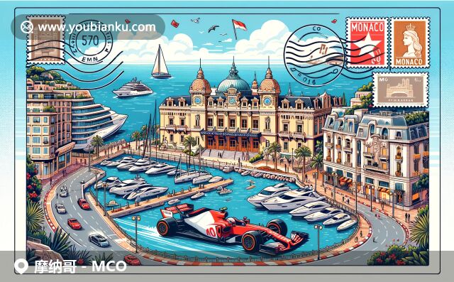 摩納哥奢華與地中海風(fēng)情的完美融合，展現(xiàn)賭場、皇宮、賽車和游艇，伴隨明信片設(shè)計與郵政元素