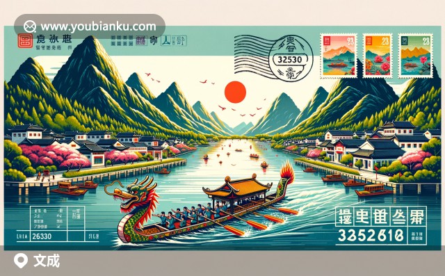 現(xiàn)代插畫：浙江省溫州市文成縣，雁蕩山、江心島特色及龍舟賽郵編325300