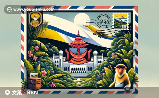 文萊國旗、國徽，蘇丹皇宮與熱帶雨林，長鼻猴與水上村落郵票交相輝映