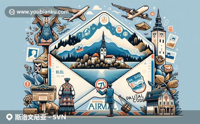 斯洛文尼亞獨特文化與地標融合，展現(xiàn)布萊德湖及其島上圣瑪利亞教堂和盧布爾雅那城堡，傳統(tǒng)舞蹈服飾和復(fù)古郵筒等元素