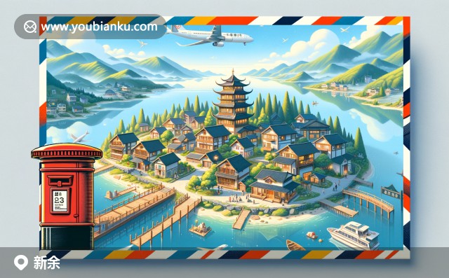 展現(xiàn)新余仙女湖美景與特色文化元素的現(xiàn)代插畫