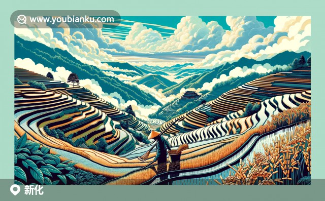 裝飾華麗的航空信封，展示新化縣（417600）郵政編碼，包括翰墨樓、竹海和米粉代表的地域特色