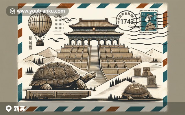 新賓滿族自治縣的自然景觀與滿族文化特色，包括石門山、瀑布、傳統(tǒng)服飾，以及航空郵票元素的明信片設(shè)計(jì)