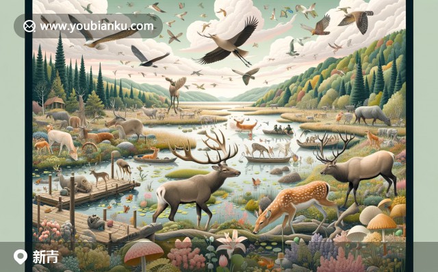 新青區(qū)森林生態(tài)與特色景觀：鹿、松鼠共存，郵戳展示新青153000及地區(qū)標(biāo)志