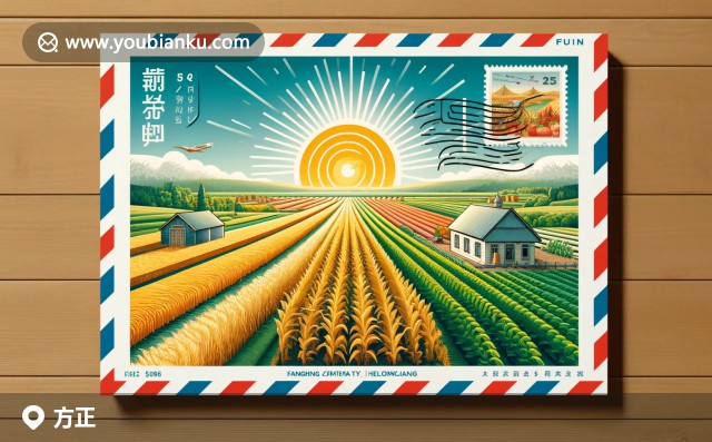 黑龍江省哈爾濱市方正縣冬日風(fēng)景，包括農(nóng)田積雪、精美的冰雕和特色大米，融入郵政元素的航空信封和郵戳，展示150800郵政編碼和地名，展現(xiàn)農(nóng)業(yè)與郵政文化交融