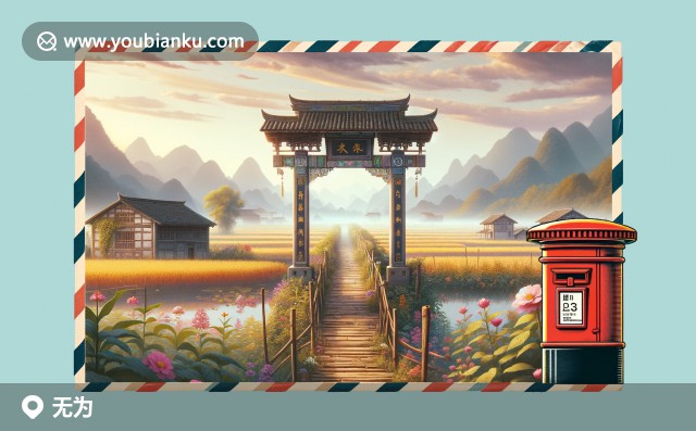 安徽省巢湖市無為縣古橋、油菜花田與傳統(tǒng)郵筒的風景