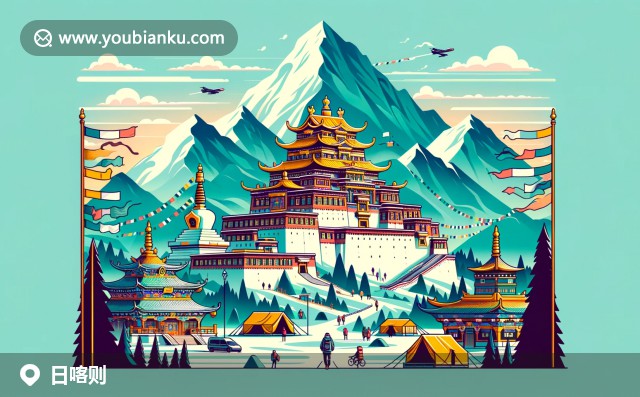 精美郵封上的日喀則地標(biāo)：扎什倫布寺、珠穆朗瑪峰及藏酒，展示西藏風(fēng)情與高海拔之美