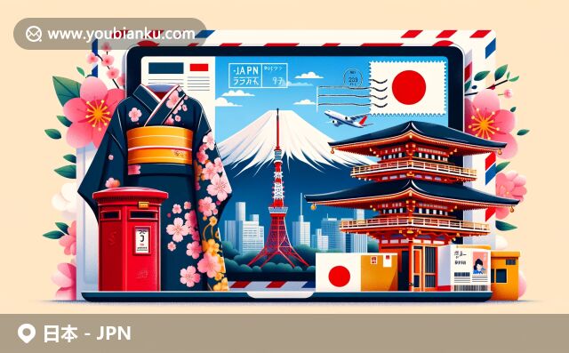 現(xiàn)代插畫展現(xiàn)日本地域特色與郵政元素，富士山、櫻花、和服元素搭配東京塔、金閣寺等景點(diǎn)，航空信封中展示國(guó)旗和郵票