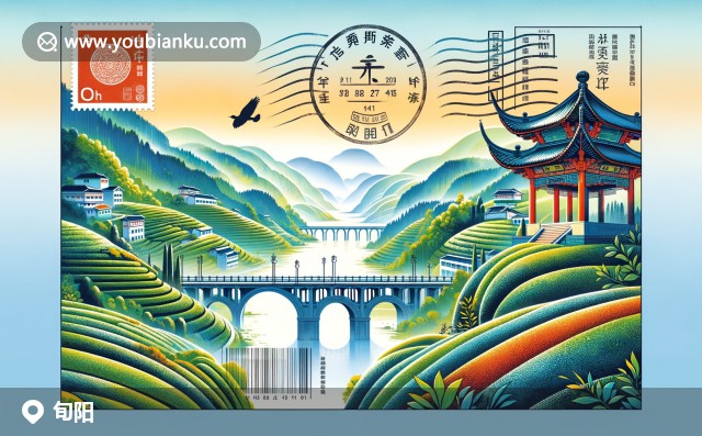 旬陽(yáng)郵票插畫(huà)：漢江、橋梁、茶園與歷史牌樓的航空郵件主題