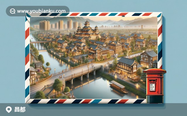 昌都特色：布達(dá)拉宮、雅魯藏布江與彩色經(jīng)幡的航空信封設(shè)計(jì)，郵編854000，展現(xiàn)藏文化與自然和諧