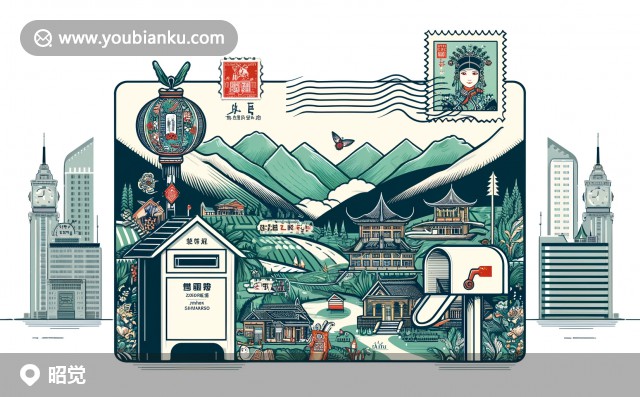 昭覺縣郵票風(fēng)格插畫，展現(xiàn)彝族文化、高山草甸與傳統(tǒng)建筑，郵政編碼與郵政元素巧妙結(jié)合