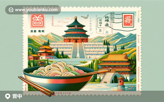 展現晉中文化與歷史特色，融入中國郵政元素，明信片式古城輪廓與綿山景觀，中國特色郵戳標注“晉中”，傳統(tǒng)郵筒和郵票信件散落