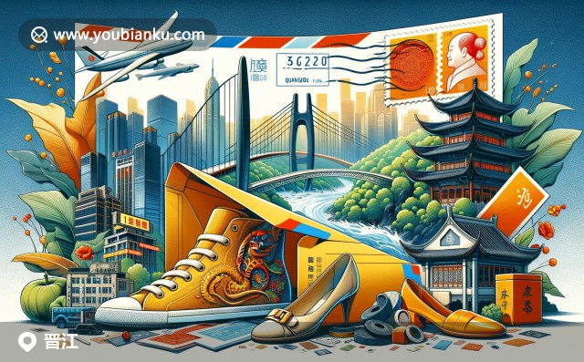 郵編362200的航空郵件信封，展示晉江的安平橋、五店市傳統(tǒng)建筑與時尚鞋業(yè)