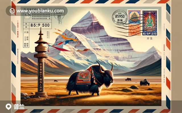 寬幅明信片上的岡仁波齊山、藏族經(jīng)幡、牦牛與西藏郵政特色