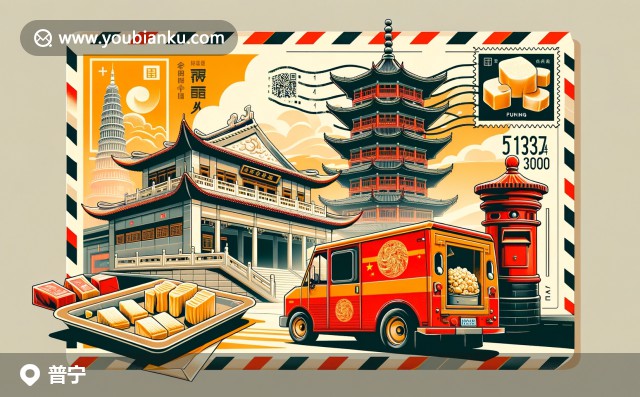 彩色明信片展示廣東省普寧市特色，包括流沙塔、普寧豆干和郵政元素
