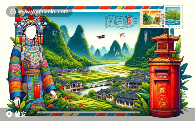 壯麗的萬峰林與多彩苗族繡花服飾，郵政明信片上的普安郵戳與紅色郵筒，展現(xiàn)普安縣自然與人文的獨(dú)特魅力