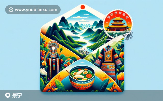 信封插圖：百山祖山的綠色風(fēng)光，畬族服飾，竹筍湯與中國的長城郵票 - 323500郵編