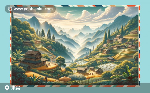 廣西來(lái)賓鰲山景區(qū)與腌鲊融合，郵政元素裝飾明信片和航空信封