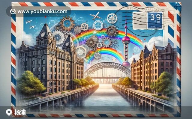 獨(dú)特航空信封上的楊浦大橋與復(fù)旦大學(xué)，配以生煎包和200000郵政編碼的現(xiàn)代插畫