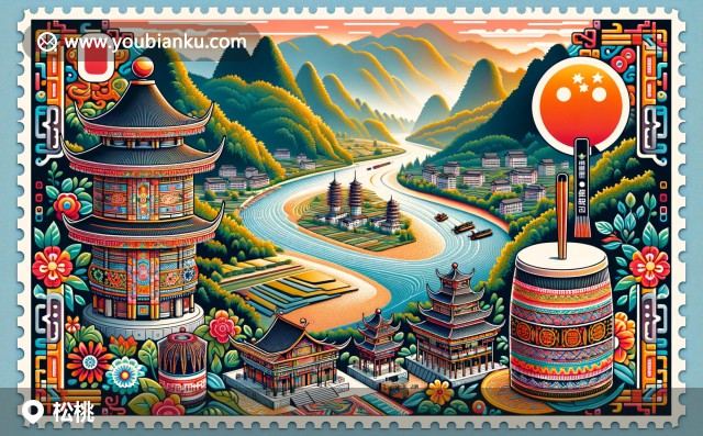 貴州省銅仁地區(qū)的松桃苗族自治縣，展示鼓樓、武江河和傳統(tǒng)繡花圖案的美麗風情