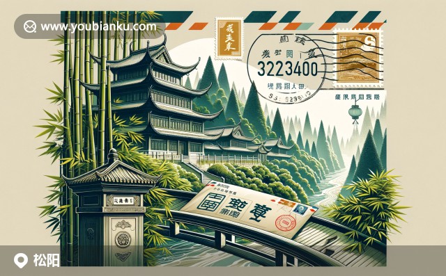 浙江省麗水市松陽縣插圖：松陽書院、翠綠竹林與特色郵資信封