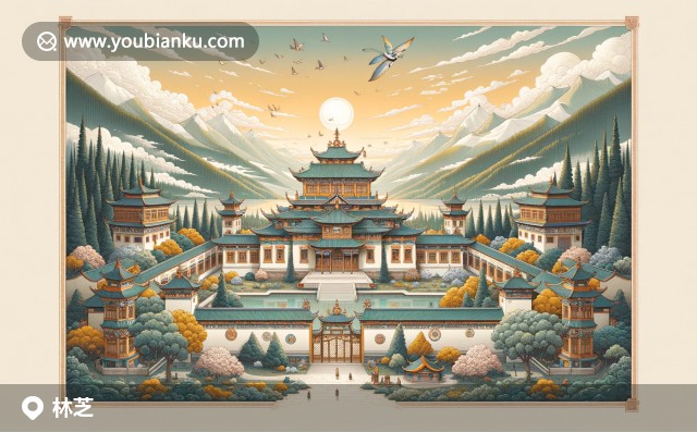 林芝特色郵票信封，展示南迦巴瓦峰、雅魯藏布大峽谷和桃花的春季風(fēng)情