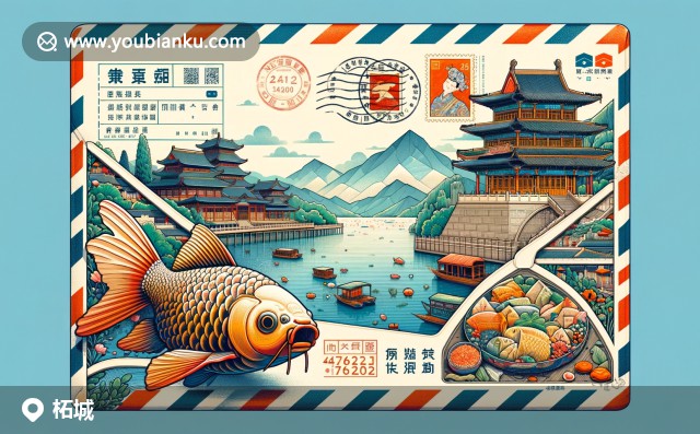 航空信封上的柘城縣地標(biāo) - 莫澗湖，汴京鼓樓，柘城鯉魚 - 郵政編碼476200