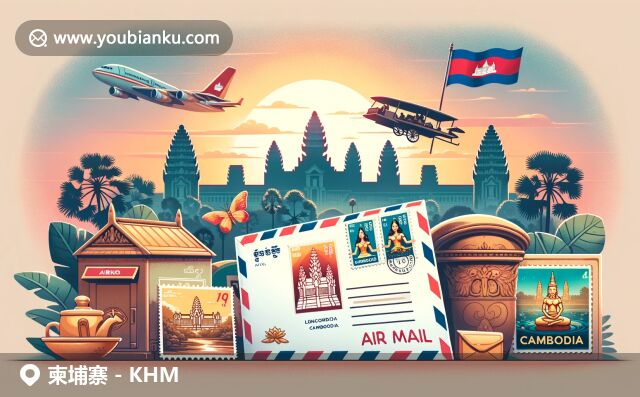 現(xiàn)代插畫風格展現(xiàn)柬埔寨郵政特色與吳哥窟文化，融入航空郵票和傳統(tǒng)舞蹈元素