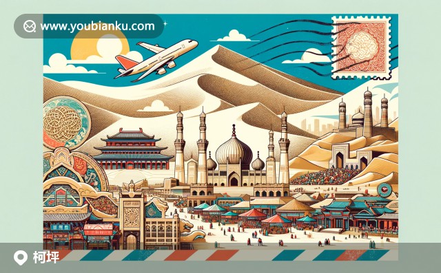 插畫：阿克蘇柯坪風(fēng)光，展示沙漠、克孜爾千佛洞、市場與郵政主題藝術(shù)