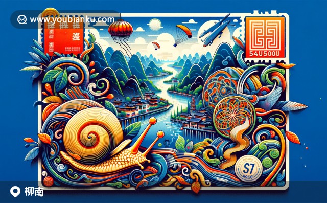 廣西柳州市柳南區(qū)郵票插畫：螺螄粉、山水風景與壯族繡品，展示545000郵政編碼