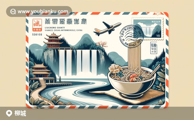 柳城馬山歌圩特色建筑與盛開桂花的郵政信封插圖，展現(xiàn)柳城民族文化與自然景觀的美麗交融