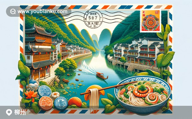 現(xiàn)代創(chuàng)意描繪柳州特色元素：貝江風(fēng)光、民族服飾和螺螄粉，復(fù)古郵件信封包裹，中國傳統(tǒng)圖案郵票，柳州郵編545007