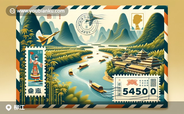 寬屏插圖：柳江545100郵編的航空信封與郵政元素，展示壯族文化、柳州特色及廣西美景
