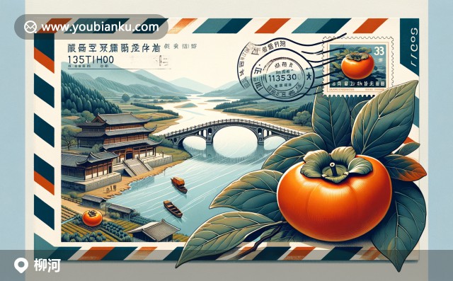 柳河縣的寧靜河景、柿子樹與古橋 - 柳河縣郵票風(fēng)情