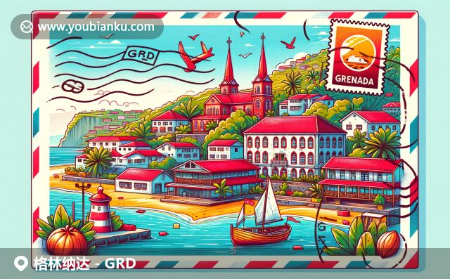 格林納達(dá)地域特色與郵政主題的完美結(jié)合，展現(xiàn)紅色屋頂建筑、大安西海灘和國(guó)寶級(jí)的肉豆蔻