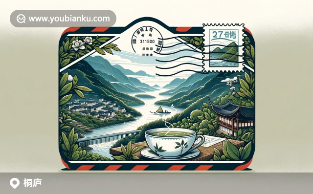 郵政主題插畫 - 桐廬縣的富春江景色、大奇山與特產(chǎn)龍井茶，郵政編碼311500