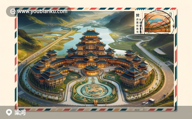 云南省德宏傣族景頗族自治州梁河縣郵票特寫，展示傣族建筑、茶園景觀及景頗族圖騰，帶有郵政元素和679200郵政編碼