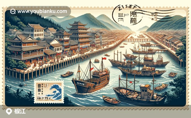 臺州市椒江區(qū)特色風貌明信片，展示標志性景點與傳統(tǒng)中國郵票元素