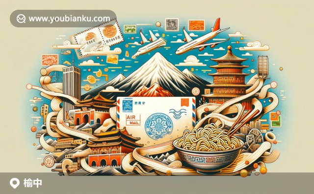 蘭州市榆中縣郵票航空信封特寫，展現(xiàn)白云山、牛肉面與絲綢之路文化元素