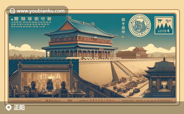 現(xiàn)代插畫(huà)風(fēng)格的正陽(yáng)郵票明信片，展示黃淮河文化博物館、古城城墻和正陽(yáng)陳列館，展現(xiàn)正陽(yáng)傳統(tǒng)風(fēng)貌