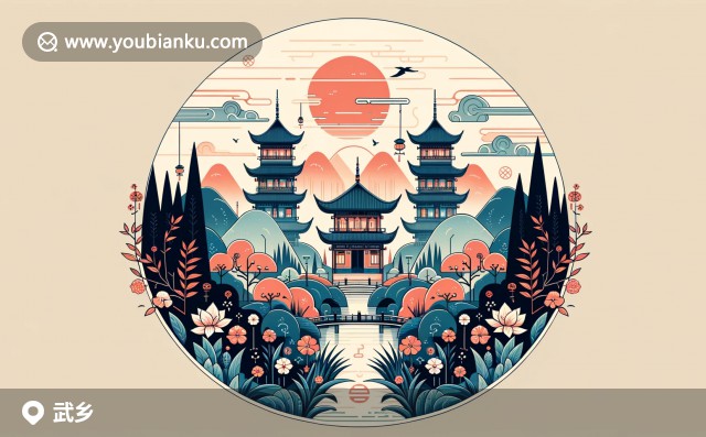 武鄉(xiāng)縣特色插圖：郵票郵戳裝飾的航空信封，古老關(guān)帝廟，黃土高原景色與山西刀削面