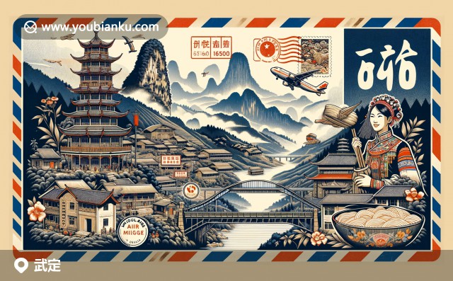 楚雄彝族自治州武定縣的郵遞藝術(shù) - 雞足山風(fēng)光，彝族服飾，及象征美食的過橋米線