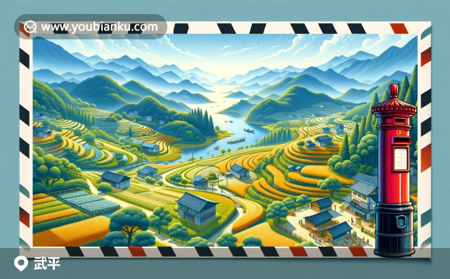 武平縣梅山美景，特色梅菜扣肉與傳統(tǒng)郵政元素的現(xiàn)代插畫
