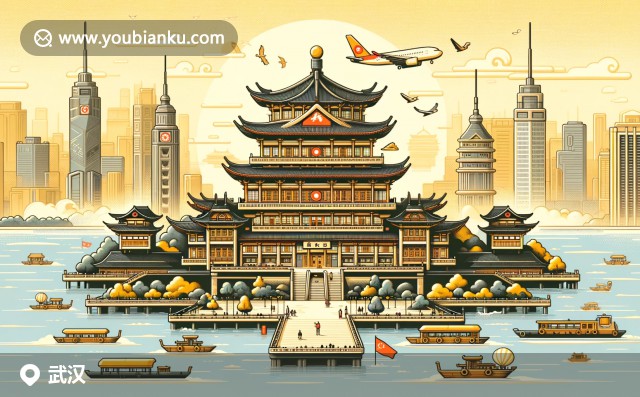 武漢文化與風(fēng)景融合，展現(xiàn)黃鶴樓壯美、熱干面美食和東湖景色，靈動呈現(xiàn)于航空郵件信封上