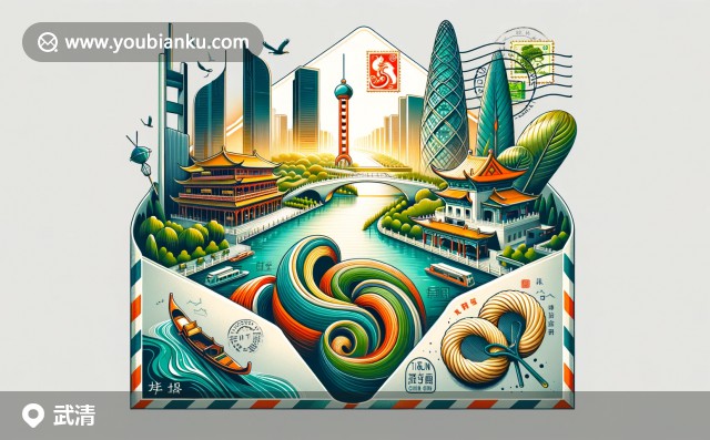 武清古文化街與郵政主題插畫，展現(xiàn)紅墻綠瓦建筑、301700郵政編碼、狗不理包子和中國(guó)郵政元素