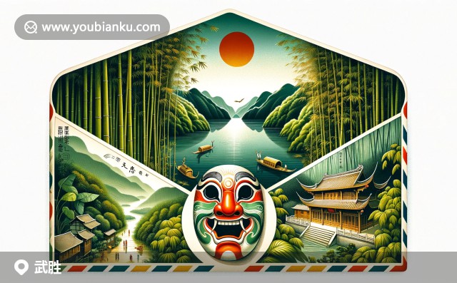 廣安武勝：寧?kù)o的黑水湖，翠綠竹林與傳統(tǒng)川劇面具的郵票主題設(shè)計(jì)