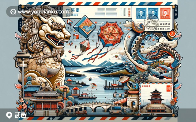 武邑縣文化特色插圖：航空郵件中的滄州獅子、風箏與郵政元素